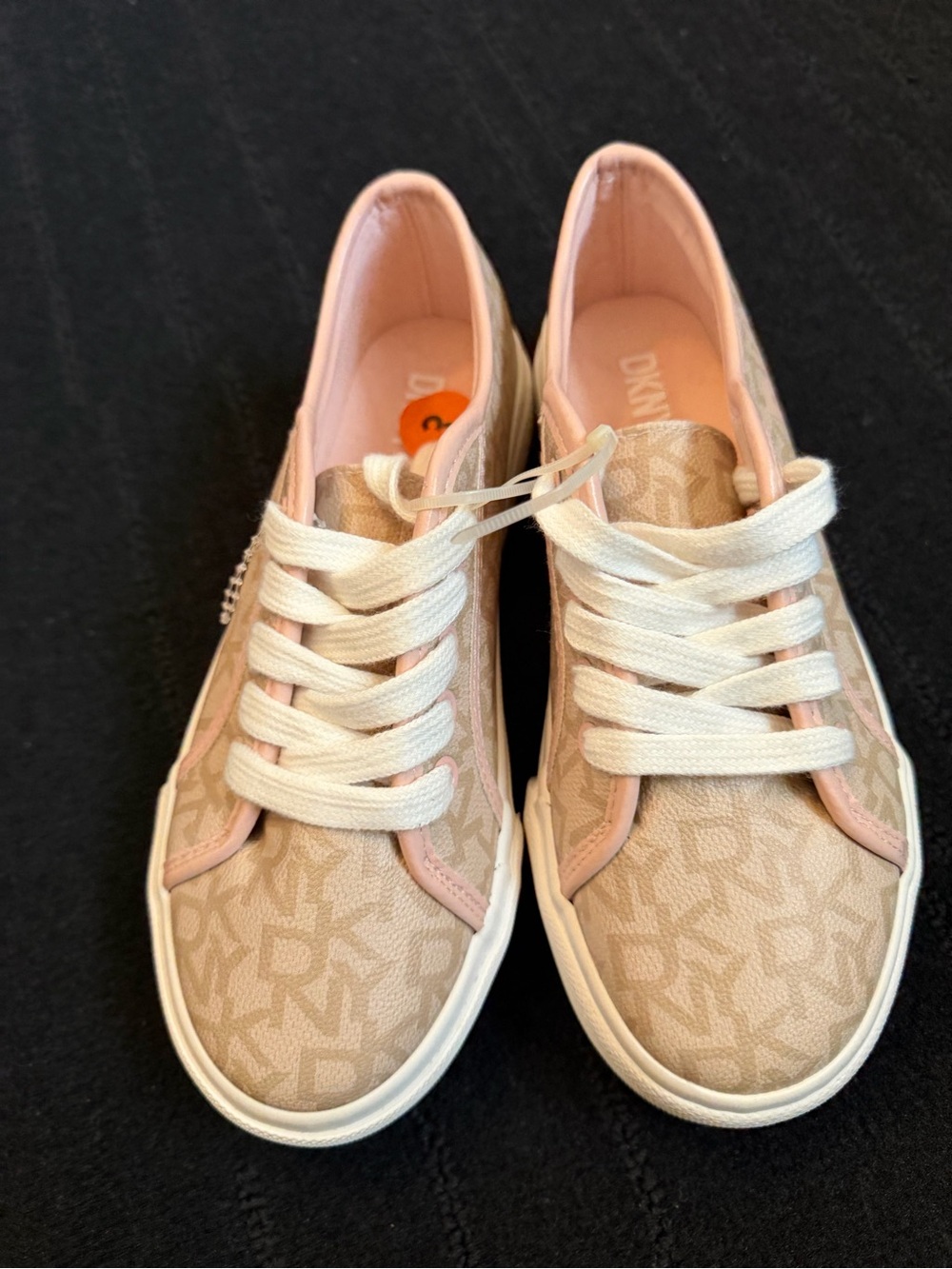 DKNY Beige Monogram Sneakers with Pink Trim and White Laces
